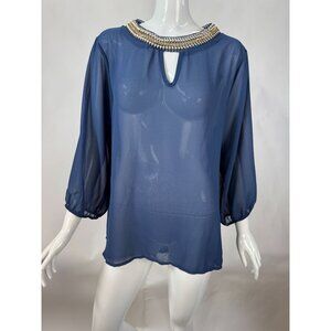 Bluebell 3XL Sheer Navy Top W/ Gold & Silver Embellished Collar Polyester Made I
